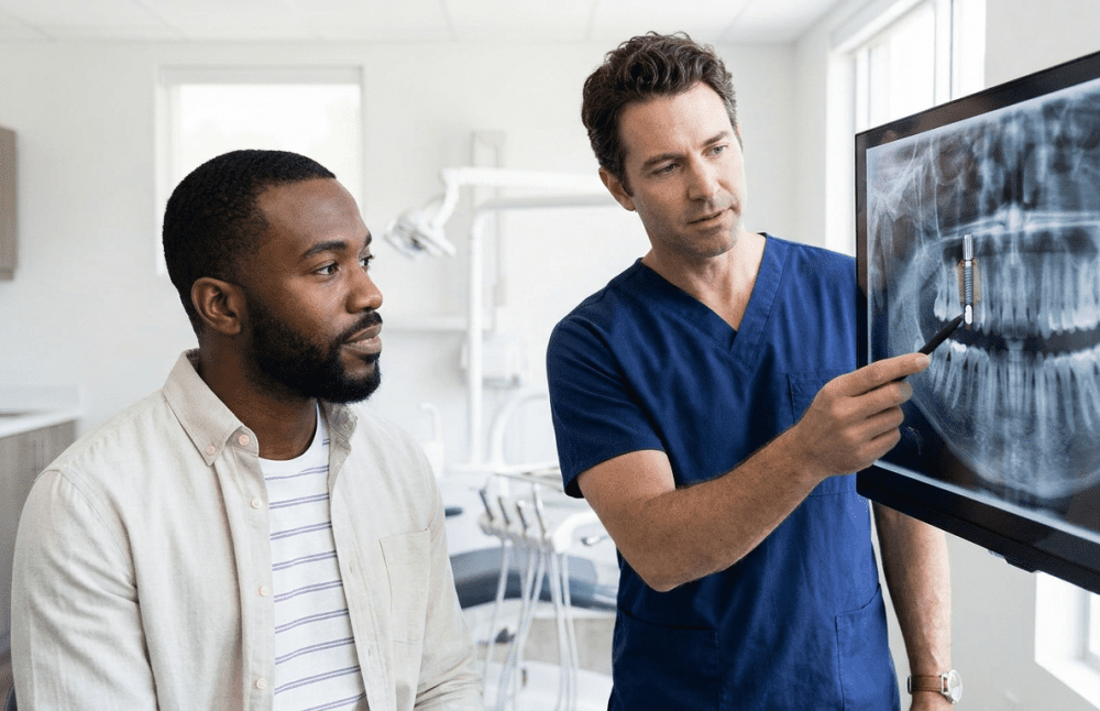Dentist explaining dental implant options to a patient using a dental X-ray.