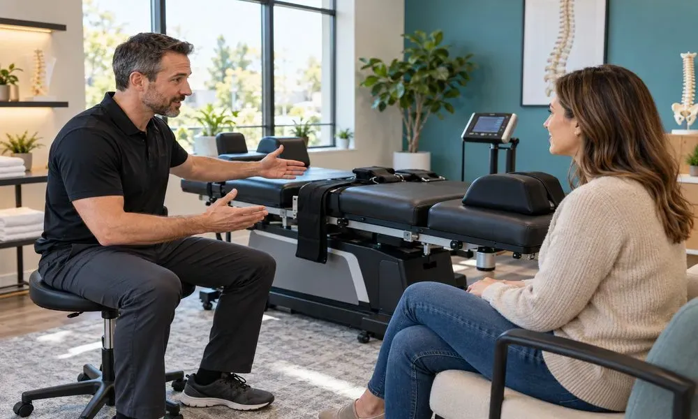 Clinician explaining spinal decompression equipment during an evaluation.