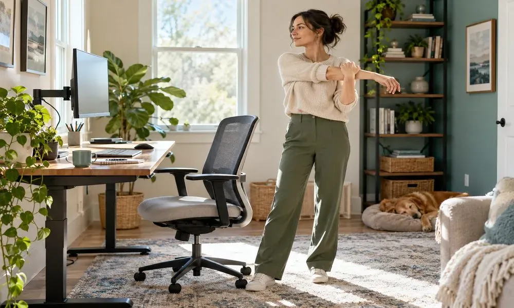 Physical therapist guiding a patient through a gentle resistance-band exercise.