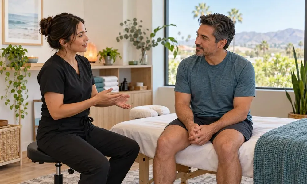 Massage therapist and patient discussing comfort preferences before a session