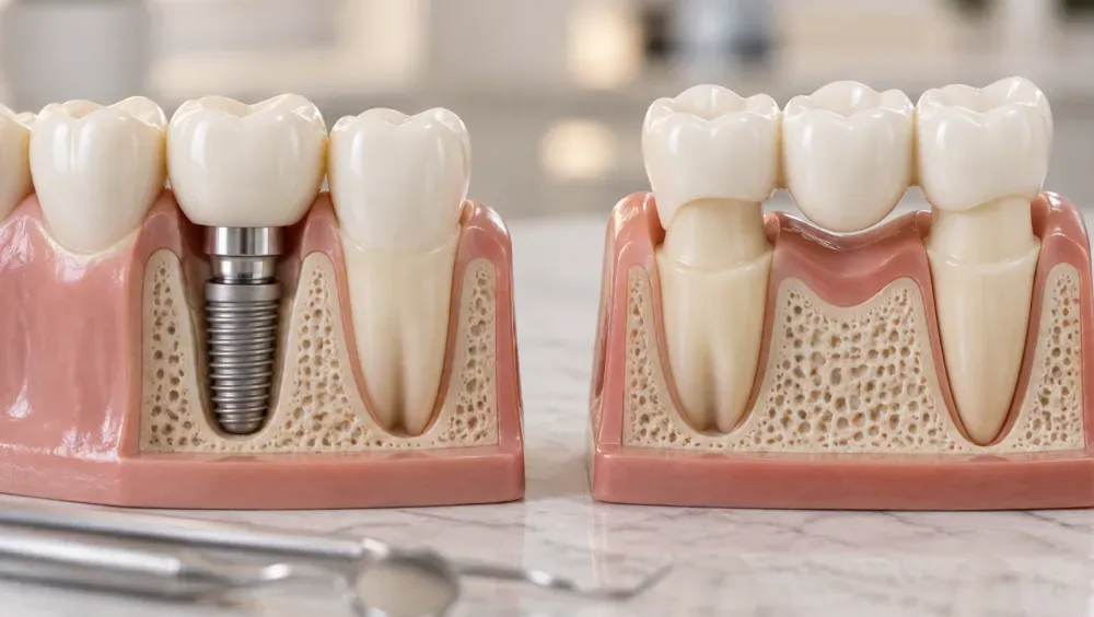 Side-by-side comparison of a dental implant and a dental bridge, showing how each tooth replacement option restores missing t