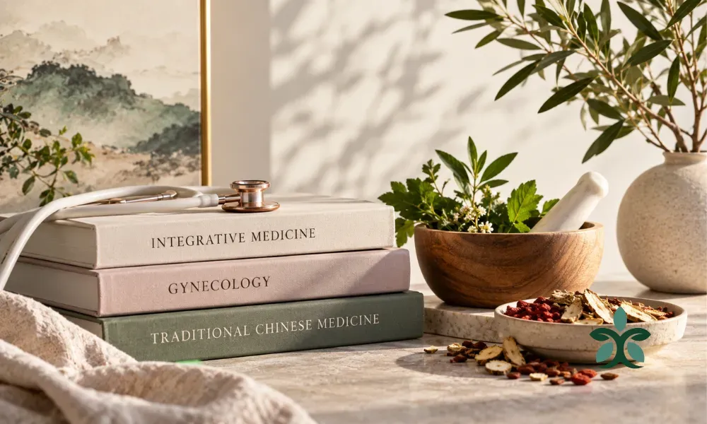 An elegant still-life arrangement featuring medical textbooks, a stethoscope, Chinese medicinal herbs, and botanical elements