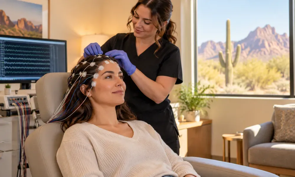 Adult seated calmly for a noninvasive EEG in a Phoenix neurology testing room.