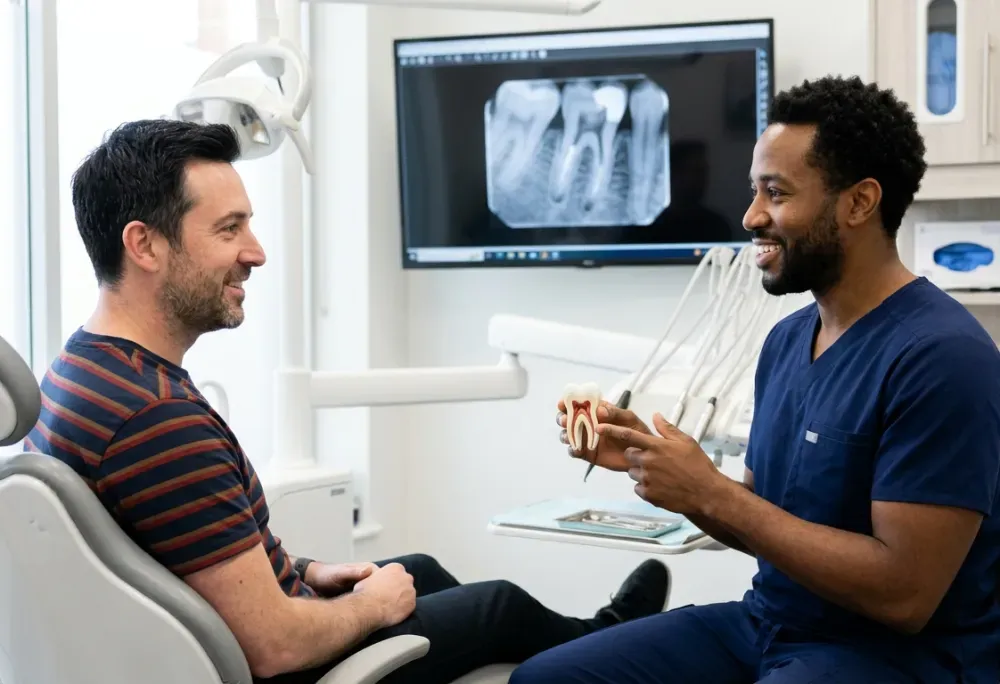Dentist explaining root canal treatment to a patient using a tooth model and dental X-ray.