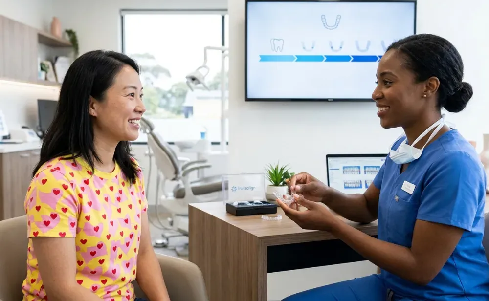 Dentist explaining Invisalign clear aligners to a patient during an orthodontic consultation.