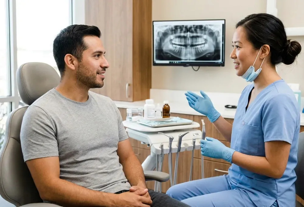 Dentist discussing early signs of gum disease with a patient in a dental clinic.