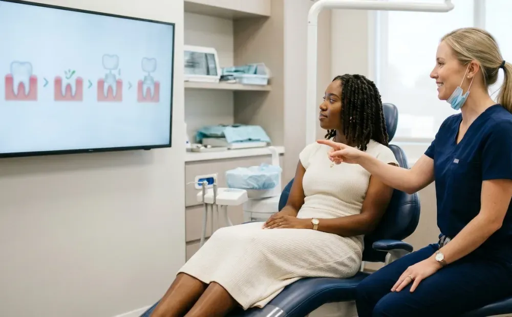 dentist-showing-dental-crowns-timeline-to-the-patient