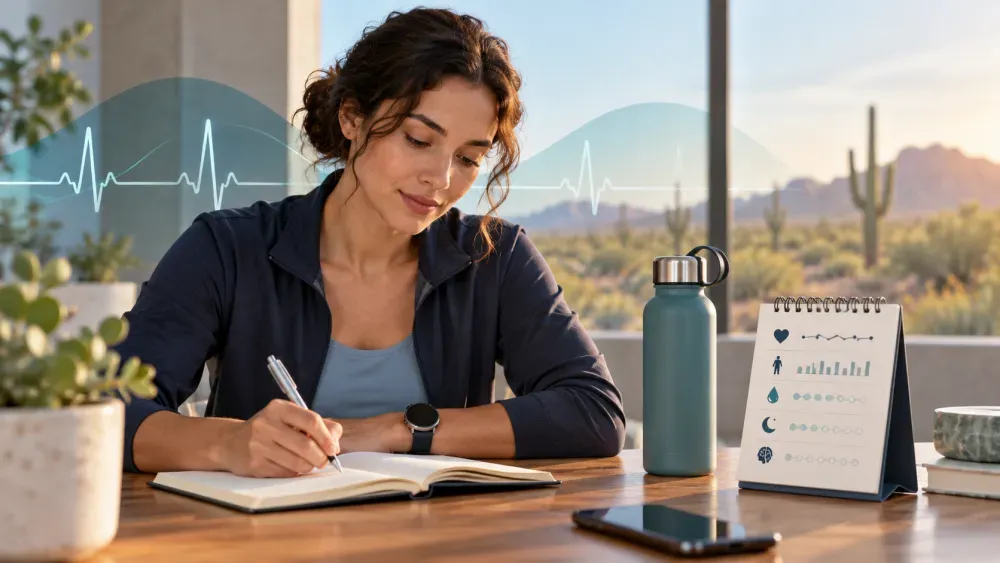 Adult tracking POTS symptoms with a notebook and water bottle before a neurology visit.