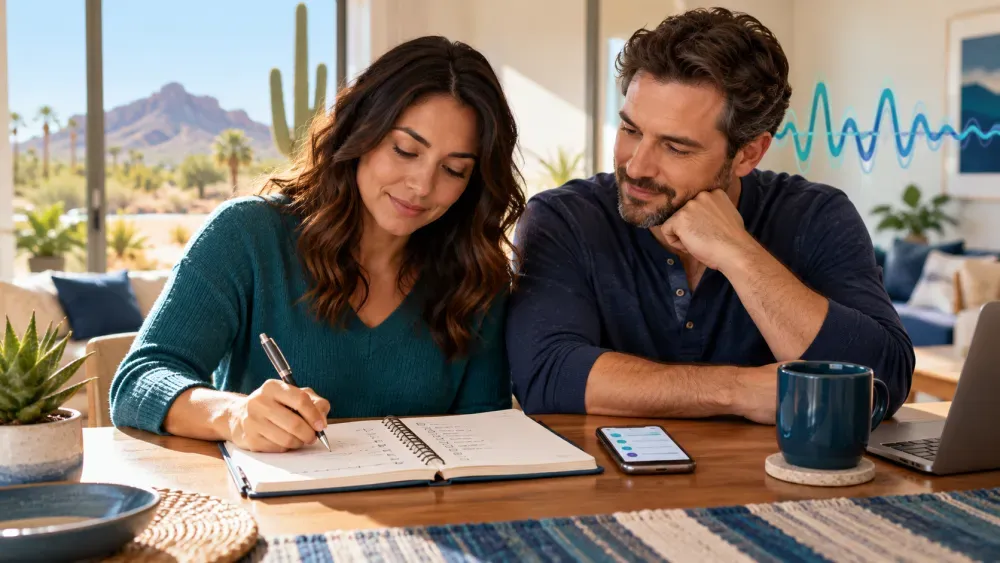 Adult and care partner recording seizure details in a journal for an epilepsy visit.