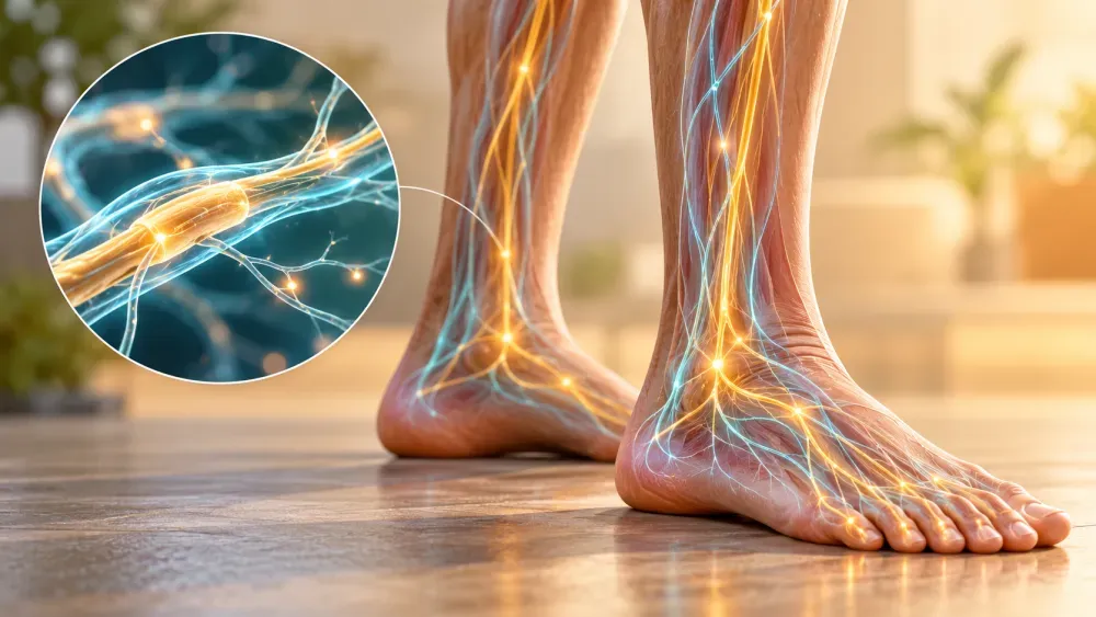 Illustration of peripheral nerves and foot symptoms for a neuropathy article.