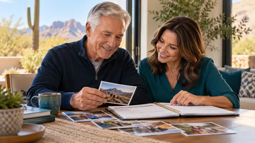 Adult and family member reviewing a planner and photographs while discussing memory changes.