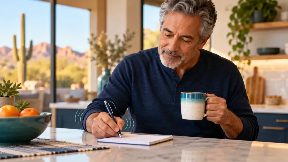Adult writing a note and holding a cup while tracking a tremor for a neurology visit.