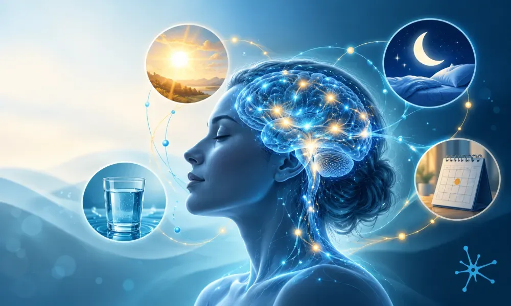 Scientific illustration of the brain with migraine trigger motifs for sunlight, hydration, sleep, and schedule changes