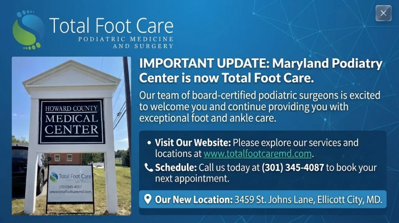 pop up with important notice, Maryland Podiatry Center is now Total Foot Care