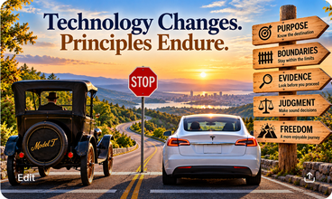 A Ford Model T and modern Tesla share a scenic road beneath the words “Technology Changes. Principles Endure.” A wooden signp